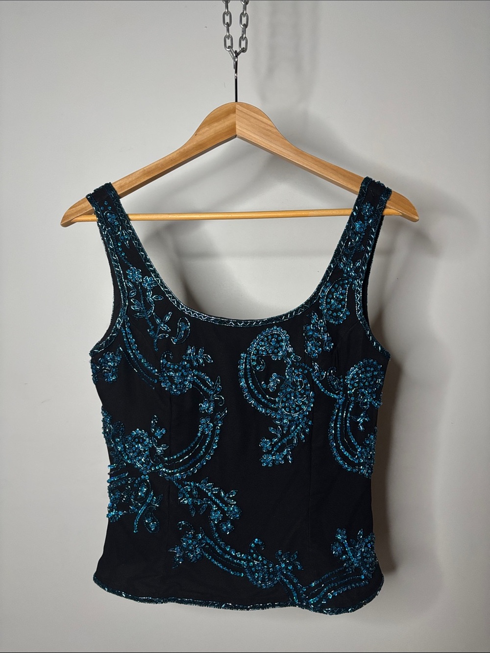 Vintage Y2K Black Tank Top with Teal Beading Zip Up Back Silk Size Small
